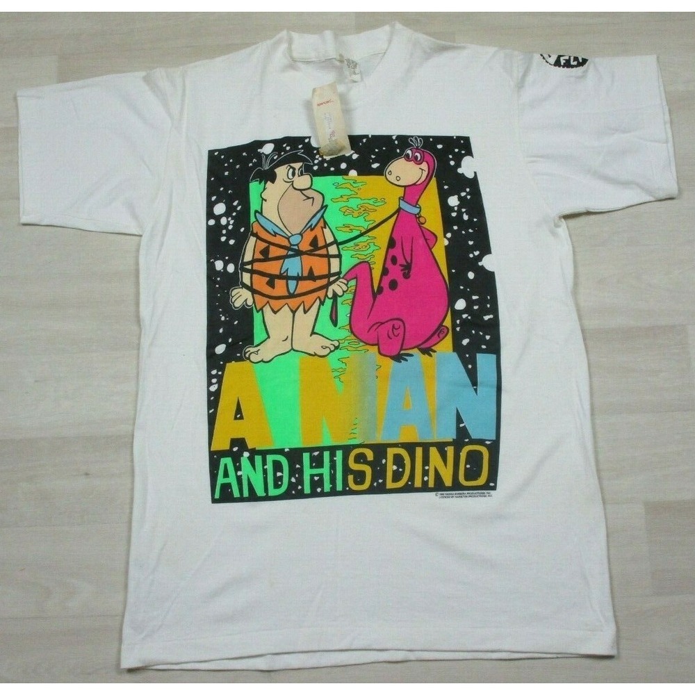 VINTAGE 1990 FLINSTONES T SHIRT (L) Fred & Dino Movie TV Promo Cartoon Anime Tee